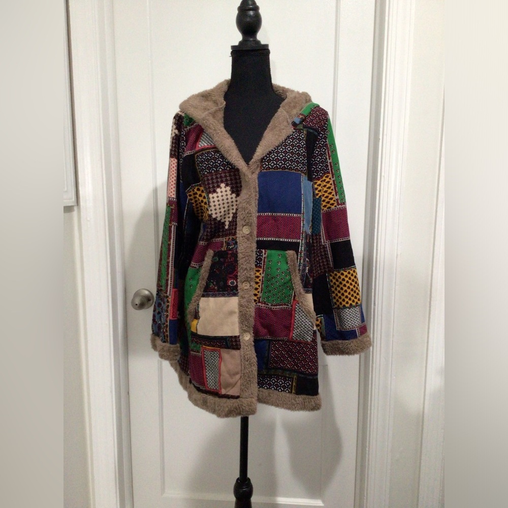 Multi color patch pattern fur jacket
